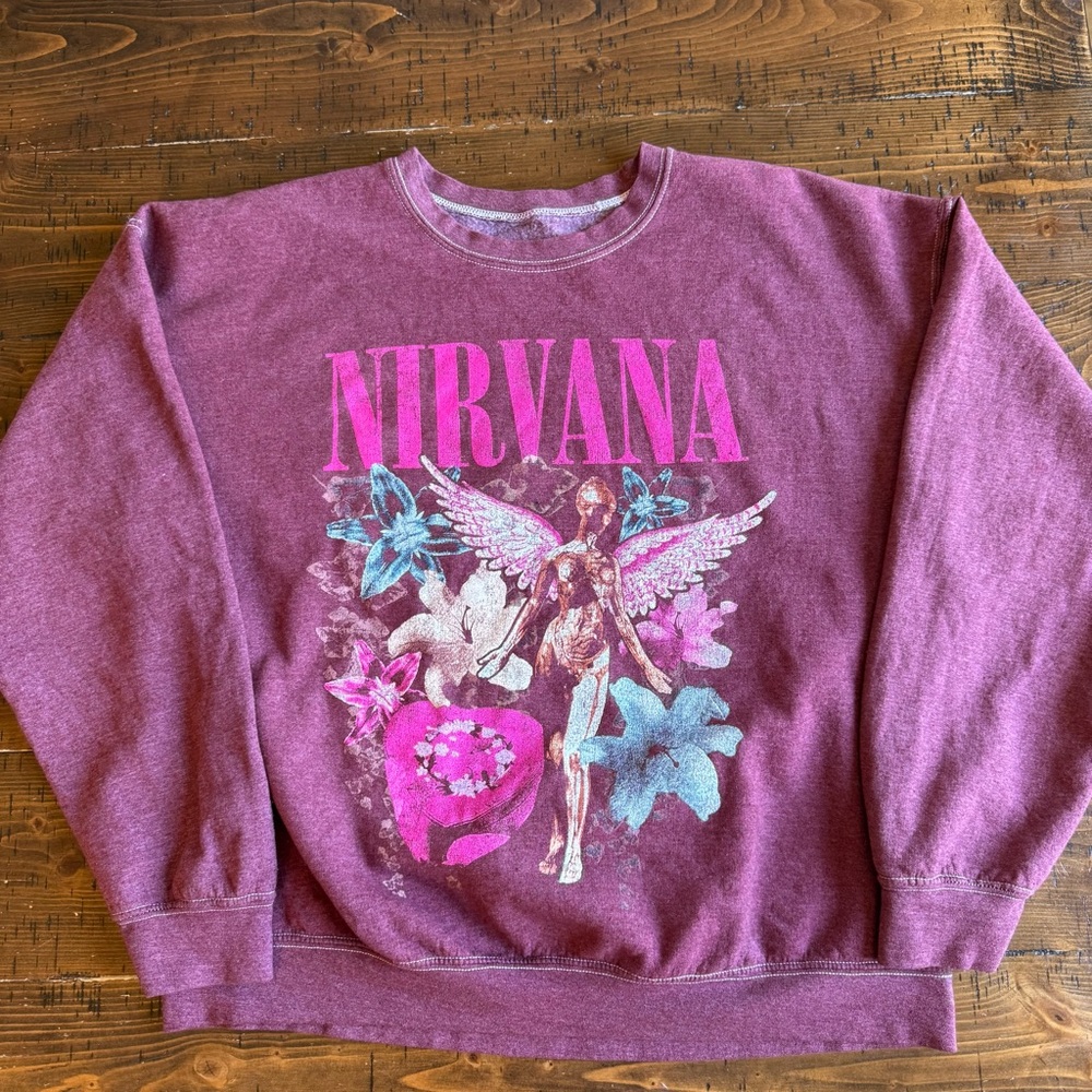 Nirvana Logo Band Purple Crewneck Sweatshirt Retro Sz L EUC